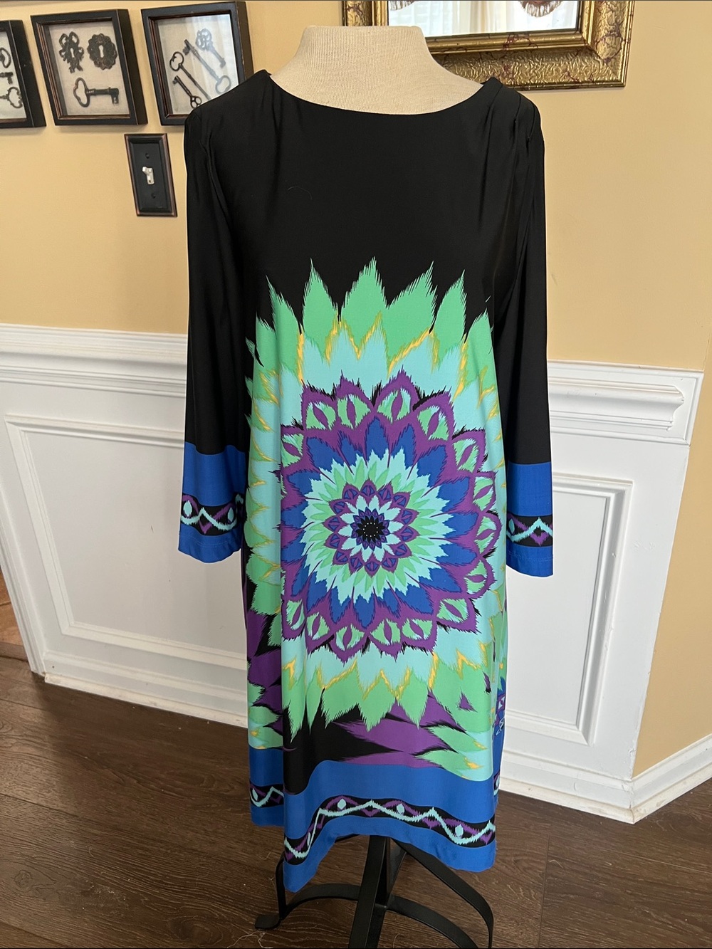 Black Floral Medallion Long Sleeve Dress with Green & Blue Accent